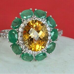 925 Sterling Silver Ring with Natural Citrine 8x10mm & Emerald Gems